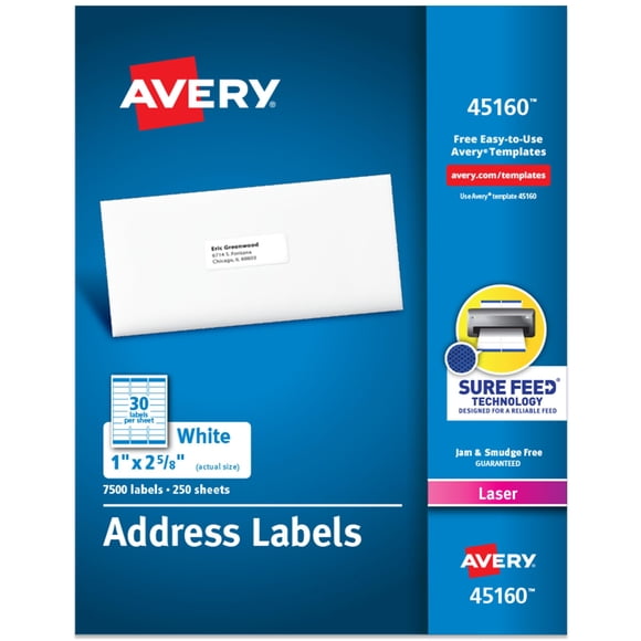Avery Easy Peel Printable Address Labels with Sure Feed, 1" x 2-5/8" Customizable Stickers, White, 7,500 Blank Mailing Labels, Great for Mailing, Shi