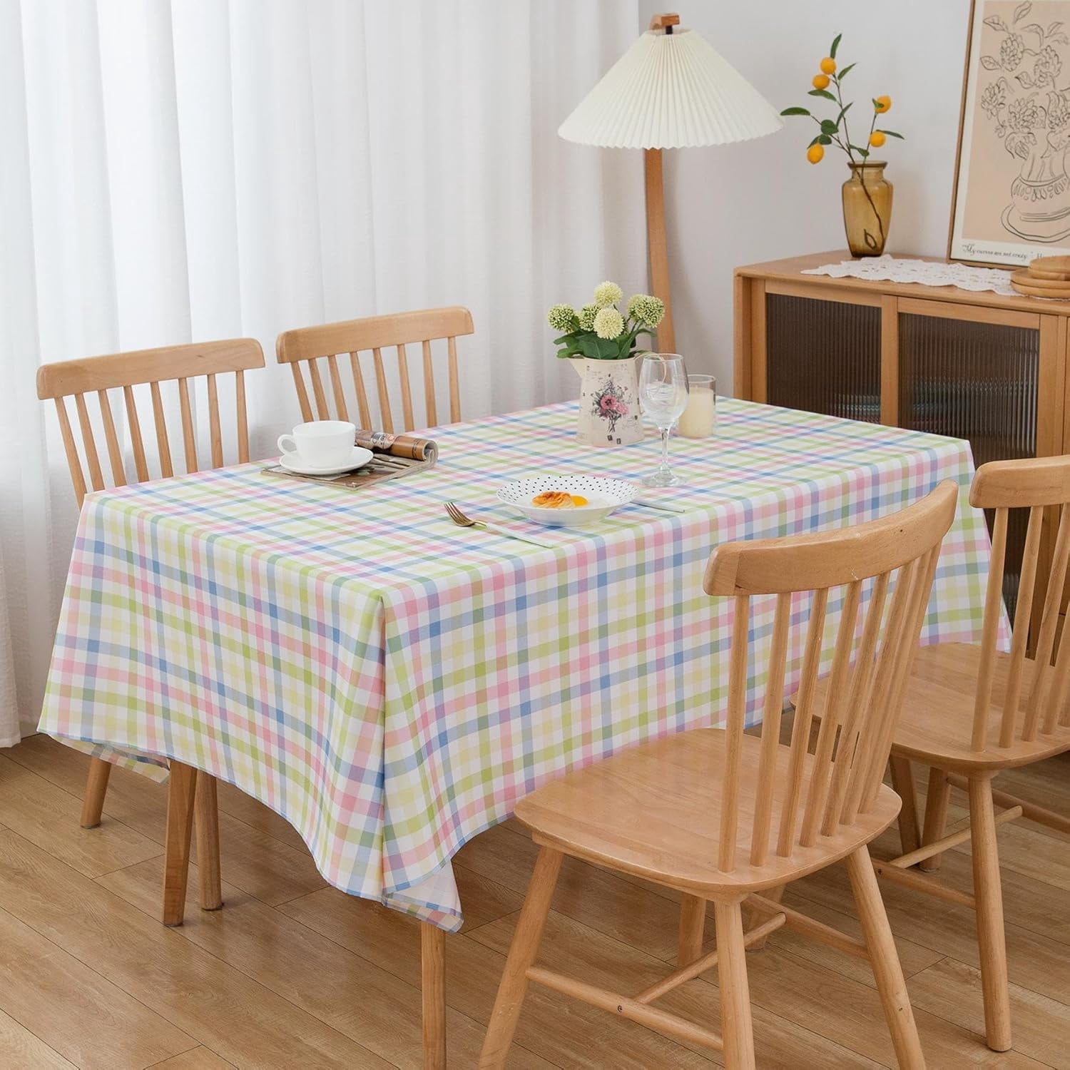 Easter Pink Green Blue White Pastel Gingham Tablecloth Rectangle 60" X 120" Spring Table Cloth - Plaid Checkered Oblong Polyester Table Cover Reusable Water Resistant for Valentine Holiday Table Décor