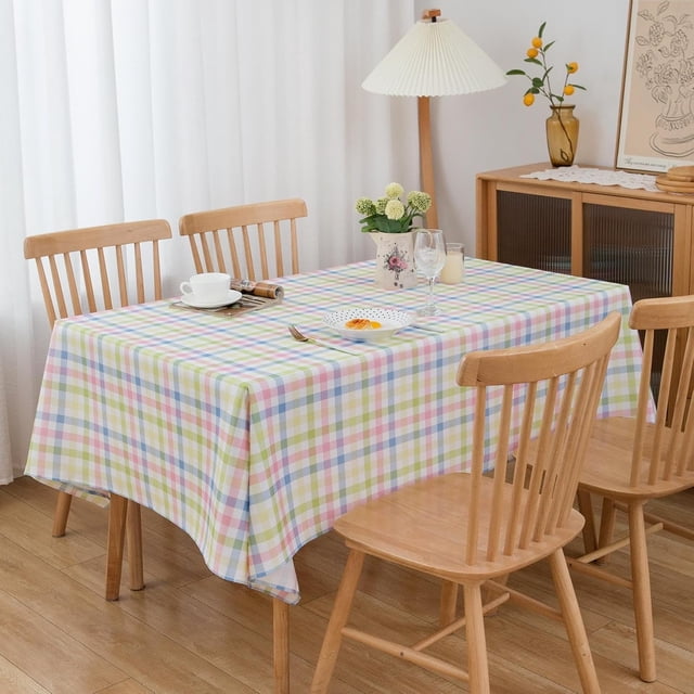 Green Gingham Tablecloth Rectangle Green Blue White Pastel Plaid Checkered Spring Table Cloth - Oblong 60" X 84" Polyester Table Cover Reusable Water Resistant for Valentine Holiday Picnic Party
