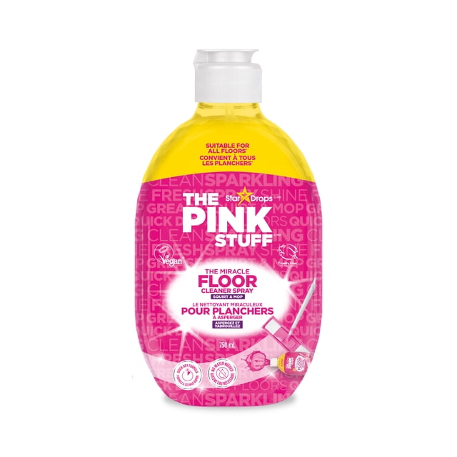 Stardrops The Pink Stuff - The Miracle Floor Cleaner Spray in a 750 ml clear plastic bottle with white spray cap and bright pink label, formulated for sealed hard floors like stone, tile, and laminate, featuring a quick-dry, no-water formula for easy squirt and mop cleaning, vegan and cruelty-free, suitable for multi-surface cleaning and leaving floors shiny and fresh.