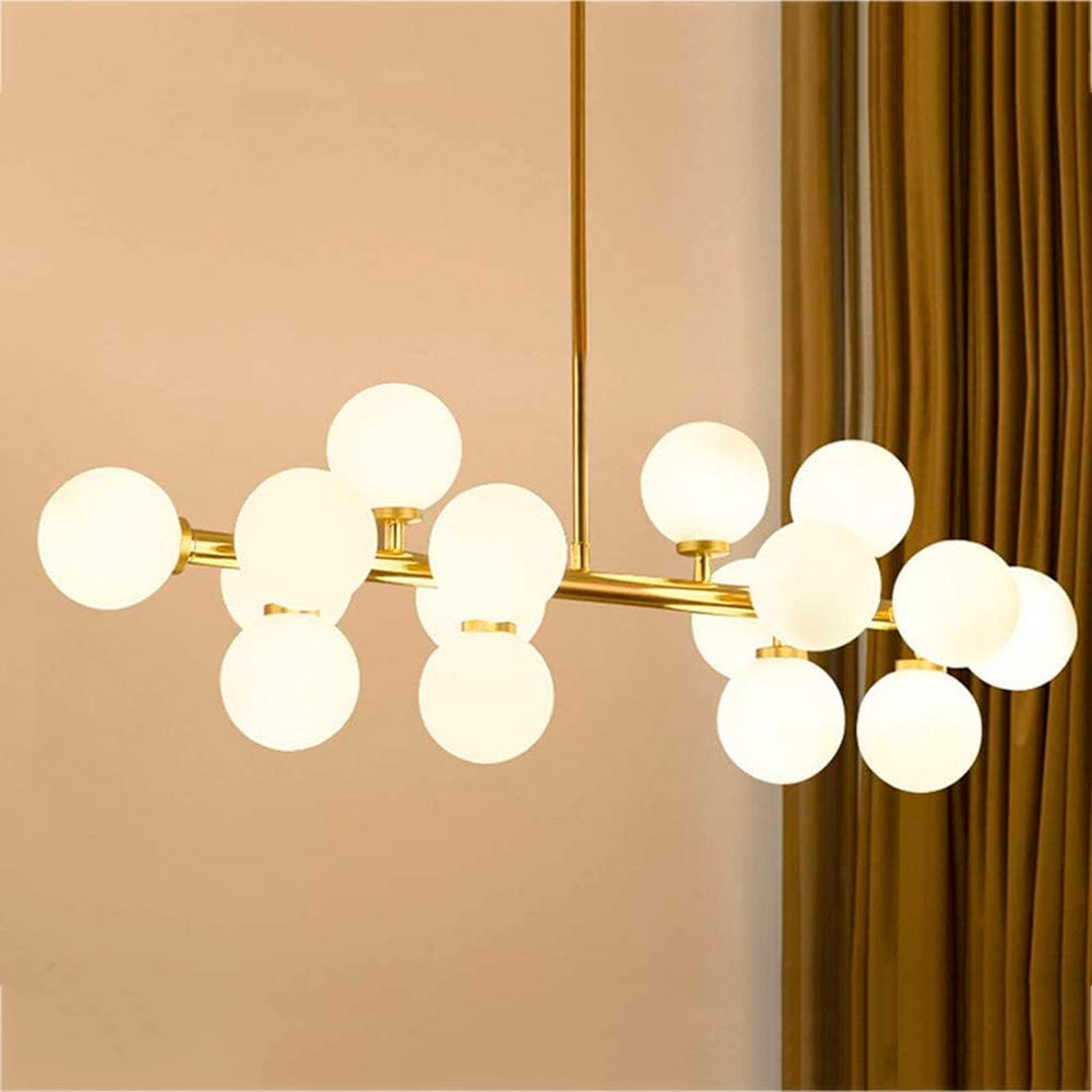 Heavenly Collections | Lustre Linéaire Moderne Multi-Lumières (16 lumières) - Suspension Or Brossé Style Mid-Century - Plafonnier Contemporain avec Sphères en Verre Opale