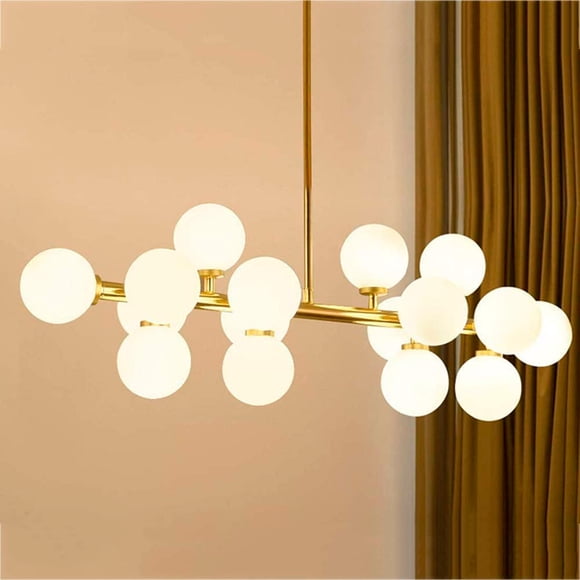 Heavenly Collections | Modern Multi-Light Linear Globe Chandelier (16 lights) - Mid-Century Brushed Gold Ceiling Pendant Lamp - Contemporary Opal Glass Sphere Hanging Island Light