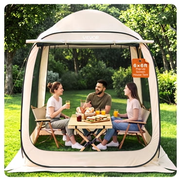 VEVOR Tente Moustiquaire, 6 x 6 Pi, Tente Moustiquaire Pop-Up pour 4 à 6 Personnes avec Auvent Allongé, Auvent Moustiquaire Portable avec Sac de Transport, Côtés en Moustiquaire, pour Patio, Cour Arrière et Activités Extérieures, Beige