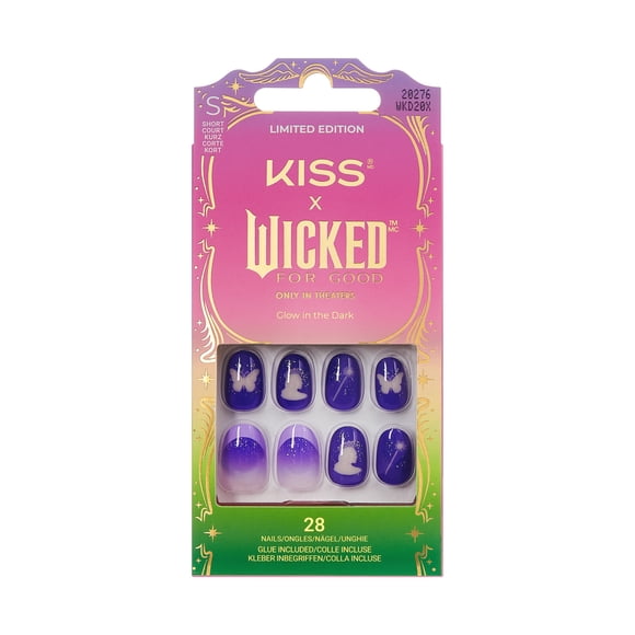 Kiss Nail - Wicked - Glow with Glinda - Short - Green - 28 Nails - 1 Pink Gel Glue