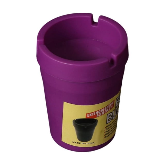 Portable Car Ashtray with Funnel Lid in a vibrant purple color. This detachable automotive cigarette receptacle container is made of durable plastic and features a compact cylindrical design measuring 4.33 x 3.26 inches. The funnel lid allows for easy pouring and cleaning, making it a practical and versatile car organizer accessory. Suitable for use as a car ashtray and available in multiple colors.