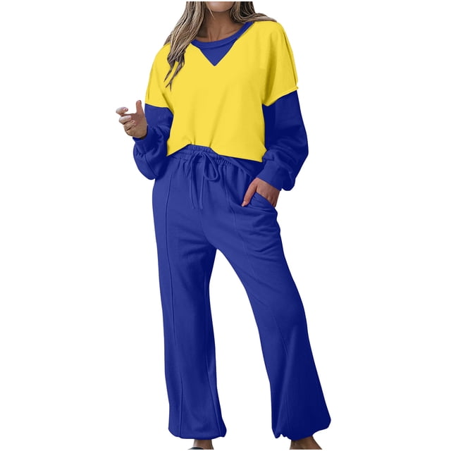 Posijego Womens Sweatsuit 2 Piece Color Block Crewneck Pullover Sweatshirts Pants Lounge Outfits Tracksuit