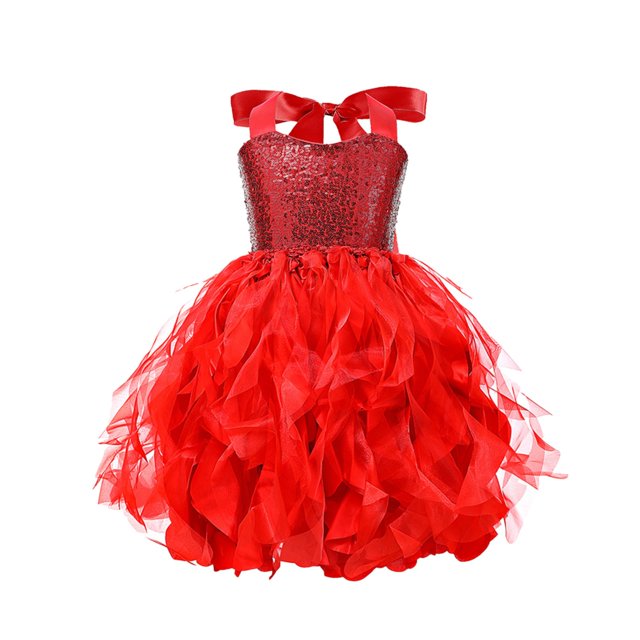 LOVZFMLL Girl' Summer Short Sleeve Ruffled Round Neck Lace Embroidery Dress Princess Bow Skirt