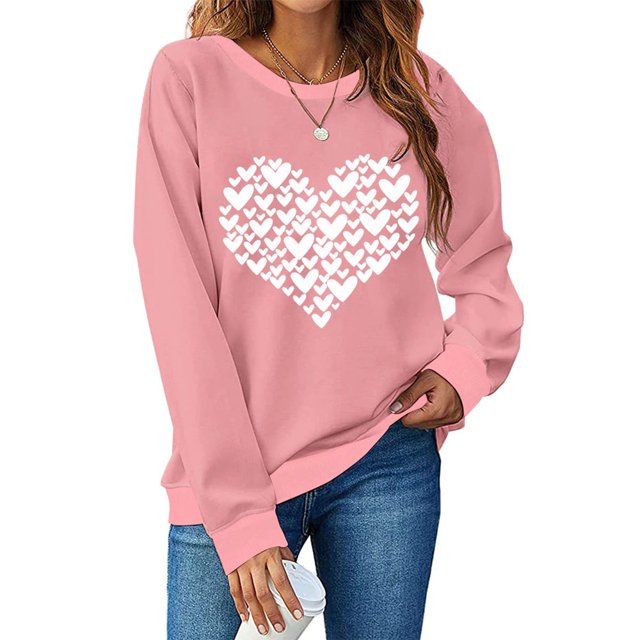 Chemise de Saint-Valentin pour Femmes 2024 Col Rond Chemises Décontractées Cœur d'Amour Graphiques Tees Manches Longues Amples Pull Tops Mode Vacances T-Shirt