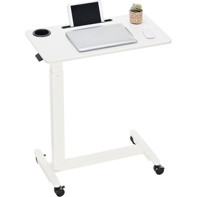 Table de Lit Surélevée à Hauteur Réglable avec Roues, Bureau Debout Roulant pour Portable, Tables de Chevet Portatives avec Fente, Porte-Gobelet, Chariot d'Ordinateur Pneumatique Mobile, Blanc