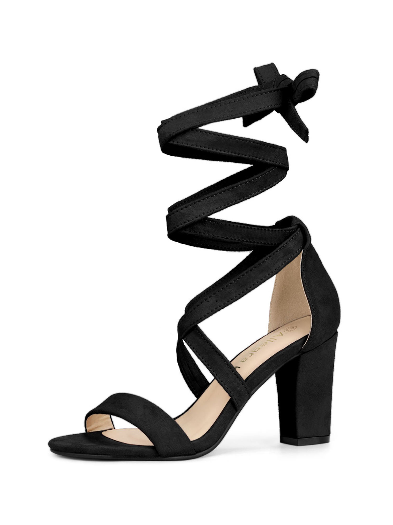 BLISSFUL STEP Women's Sandals Solid Color Mid Block Heels Lace up Sandals Black 8