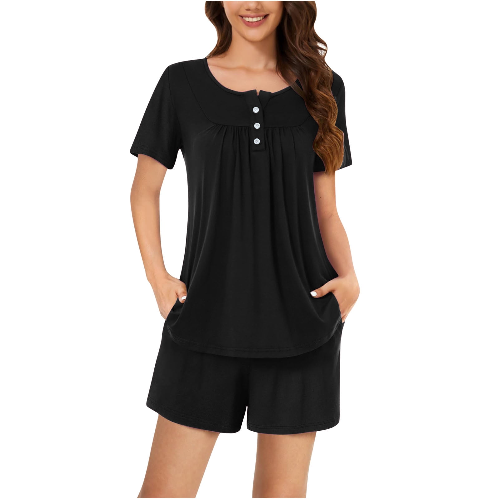 AherBiu Ensembles de Pyjama pour Femmes 2 Pcs Boutons Col Rond Hauts Ensemble de Pjs Shorts Confortables Vêtements de Nuit Vêtements de Nuit