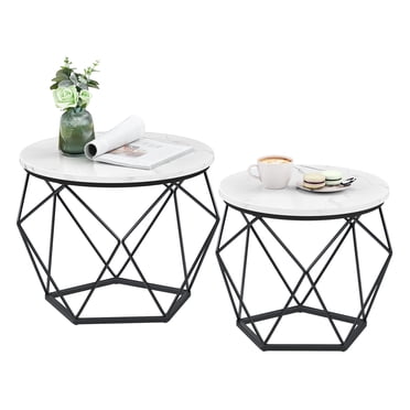 VASAGLE Petit Ensemble de 2 Tables Basses, Table Basse Ronde avec Cadre en Acier, Table d'Appoint pour Salon, Chambre, Bureau, Blanc Marbre et Noir Encre