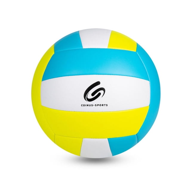 Coinus Sports Volleyball Taille Officielle avec Coutures Traditionnelles Cousues en Panneaux Bleus, Jaunes et Blancs, Présentant le logo Coinus Sports sur un Panneau Blanc, Montré Orienté vers l'Avant sur un Fond Blanc, Convient aux Débutants et au Jeu de Volleyball Récréatif.