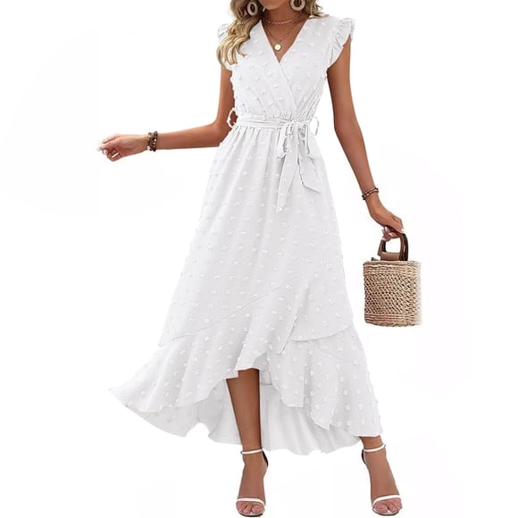 Women's Summer Casual Dress, Embroidered Sleeveless Dress with Lace Trim and V-Neck for Daily Wear