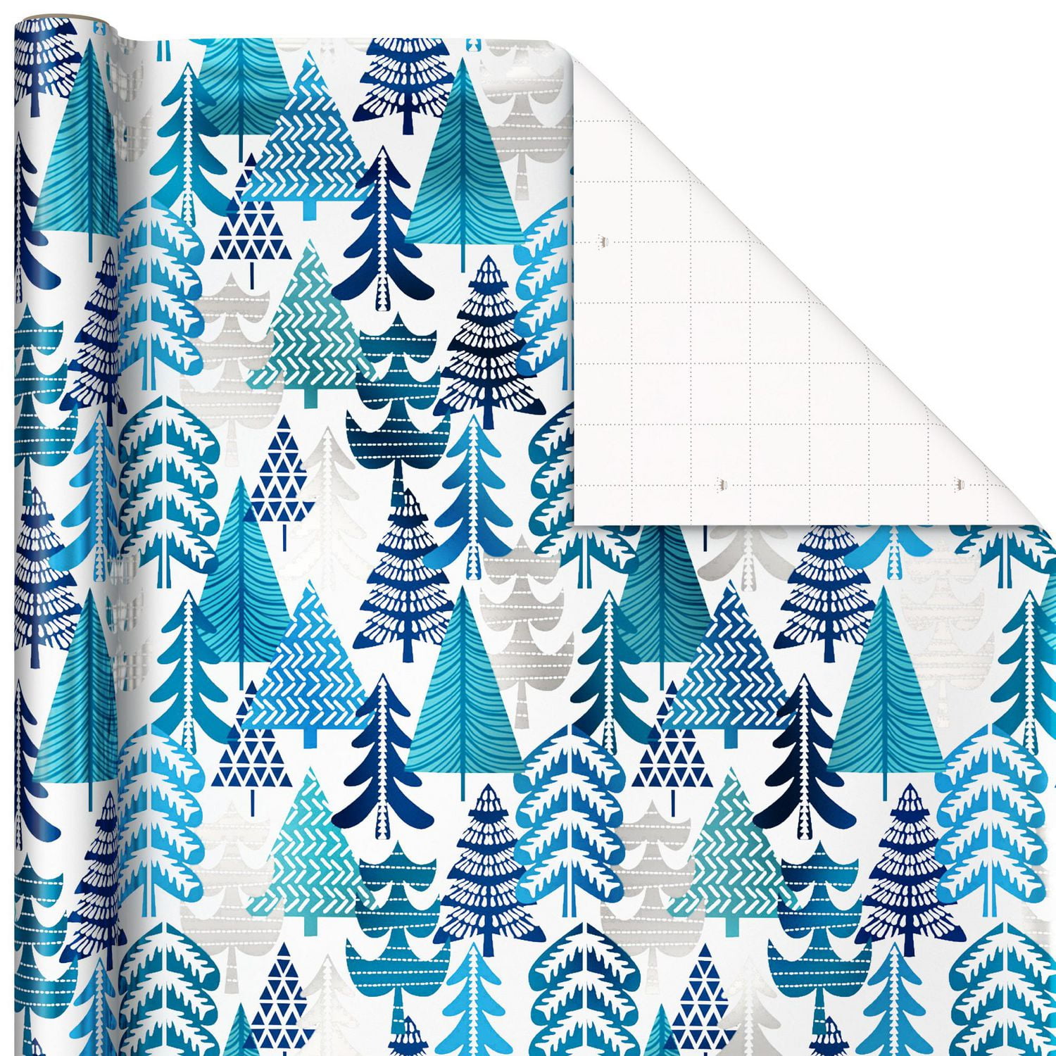 Papier d'emballage Hallmark de Noël, bleu métallisé, avec lignes de découpage au verso (3 rouleaux : 60 pieds carrés au total), bonshommes de neige, flocons de neige, sapins de Noël