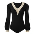 thumbnail image 4 of FAIWAD Women's Puffy Long Sleeve Short Jumpsuit Deep V Neck Lace Splicing Slim Stretch Rompers, 4 of 4