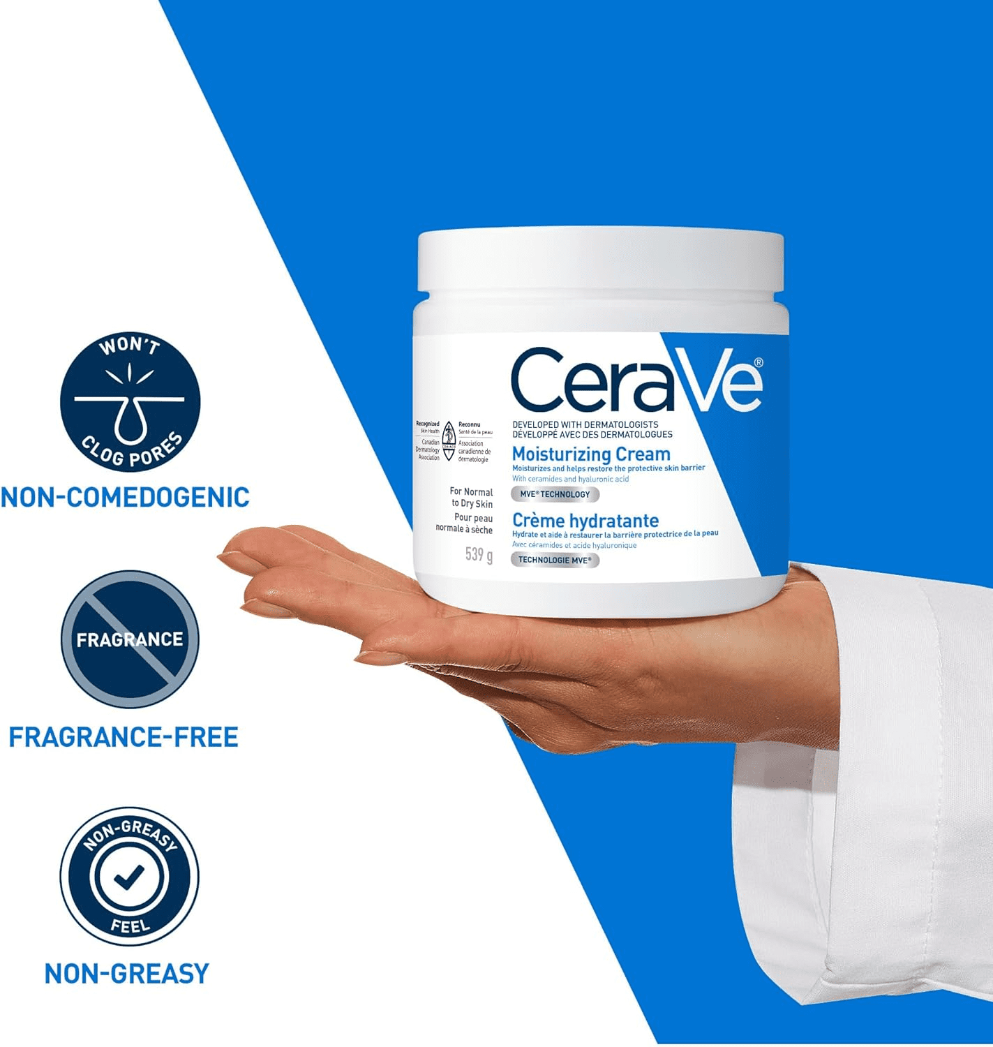 CeraVe Crème Hydratante, Crème Riche pour Visage et Corps avec Céramides pour Peau Sèche, 539 g