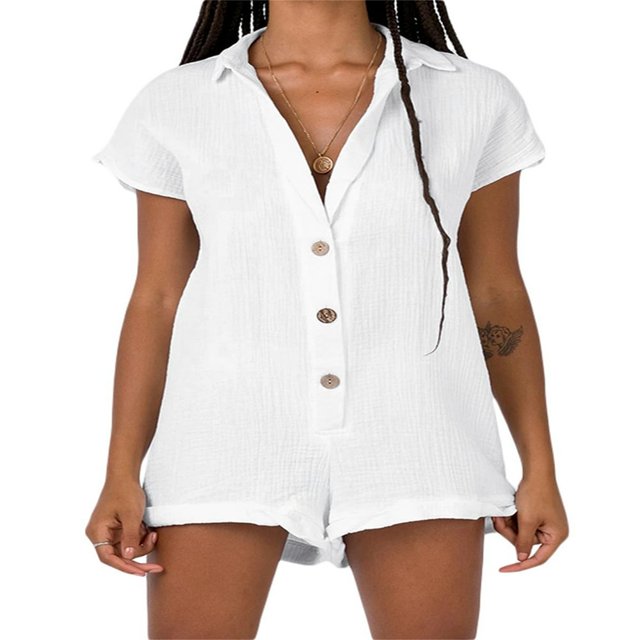 MesaSe Women Summer Short Sleeve Jumpsuits Shorts V Neck Button-Down Rompers