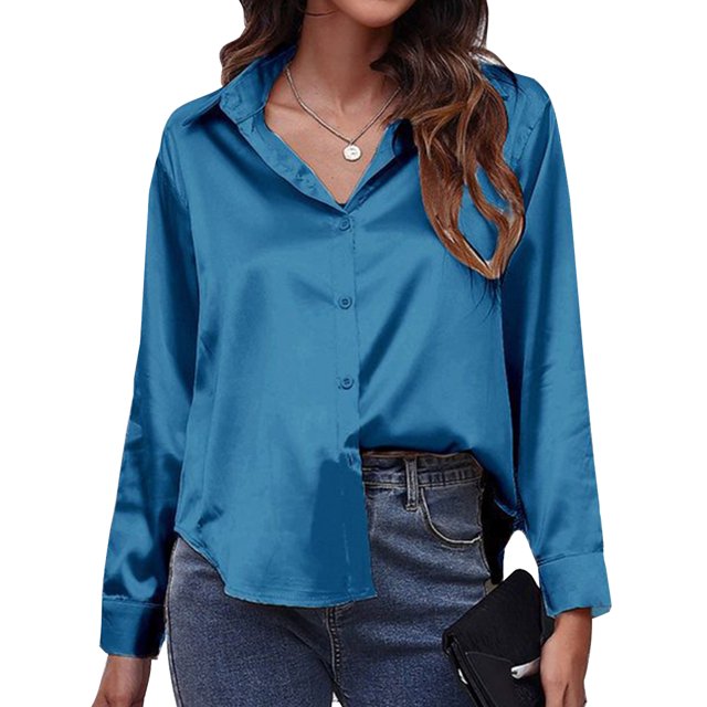 Innerwin Tops Lapel Neck Women Shirts Work Button Down Single Breasted Blouse Blue XL