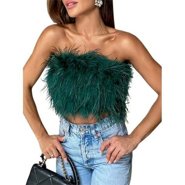 Haut Court Tube en Fausse Fourrure pour Femmes, Couleur Unie, Plume, Sans Bretelles, Dos Nu, à Fermeture Éclair, Haut Tube, Y2k, Tenue de Fête/Boîte de Nuit, Blanc, P