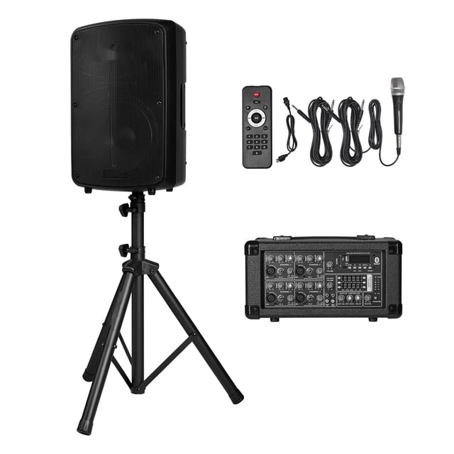 KFFKFF Professional PA System, 800W Powered, Sound System Set with 6 Channel Mixer, Dual Speakers, Wireless Bluetooth, Microphone, Compact Stands