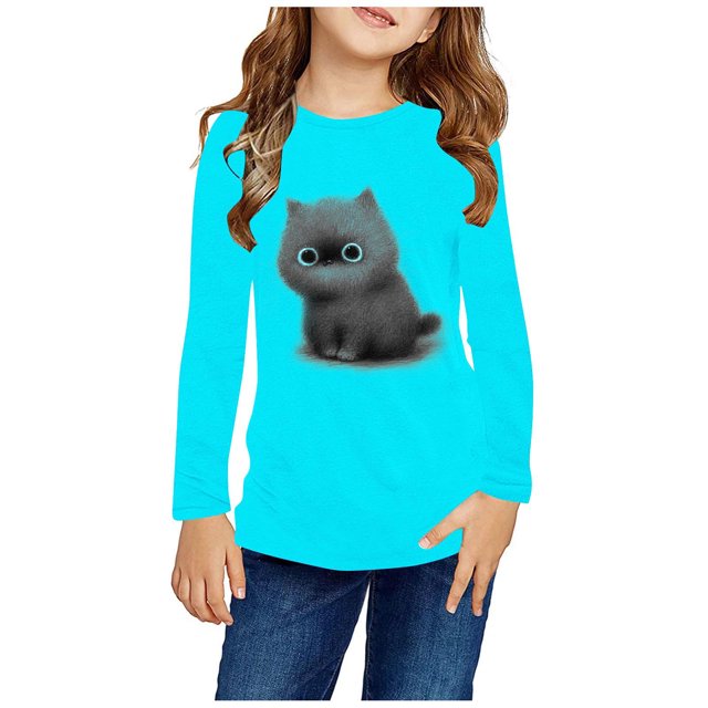 RXIRUCGD Chemises à Manches Longues pour Filles, Col Rond Mignon, Blouses Décontractées Élégantes (Bleu Clair, Taille:9 Ans)
