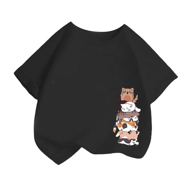 LUOGENLI T-Shirt pour Filles, Mode Mignonne Imprimée Décontractée, Col Rond, Manches Courtes, T-Shirt d'Été, Hauts Maxi pour Filles Été 2025 Noir 8-10 Ans