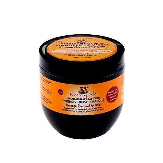 Sunny Isle Jamaican Black Castor Oil Intensive Repair Masque in a black jar with an orange label. The label highlights its damage reversal formula and key ingredients like Jamaican Black Castor Oil, wheat protein, and coconut oil. Suitable for all hair types and textures, it hydrates, nourishes, and repairs damaged hair.
