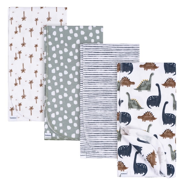 Gerber Childrenswear - Flannel Receiving Blanket - Dino Time set of four 100% cotton flannel baby receiving blankets featuring soft textures and patterns including brown palm trees on white, white spots on sage green, navy stripes on white, and multicolored dinosaur prints on white, certified STANDARD 100 by OEKO-TEX® for gentle warmth and safe comfort.