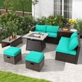 thumbnail image 3 of Patiojoy Ensemble de 9 Pcs de Meubles de Patio Extérieur avec Table de Foyer au Propane de 35 Pouces, Ensemble de Canapé Sectionnel d'Extérieur en Osier PE Gain de Place avec Coffre de Rangement et Coussins Turquoise, 3 of 10