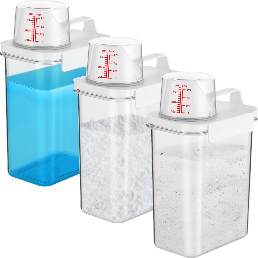 3 PCS Laundry Detergent Dispensers, 61oz Laundry Bead Dispenser, Clear Airtight Fabric Softener Container, Liquid Detergent Box for Laundry Room, Laundry Powder Box with Measuring Cup