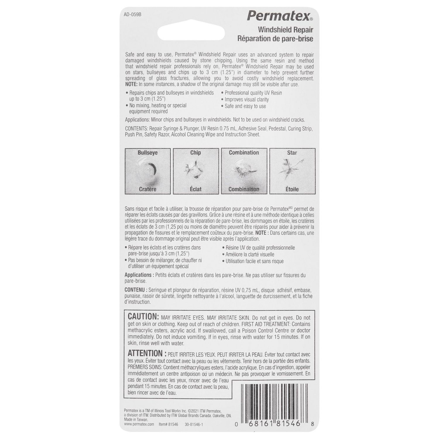 Trousse complète de réparation de pare-brise Permatex – action rapide 0,75 mL