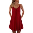thumbnail image 1 of MAWCLOS Women Swing A-Line Sundress Button Strappy Slip Dresses Pleated Short Mini Dress Baggy Work Spaghetti Strap Claret 5XL, 1 of 2