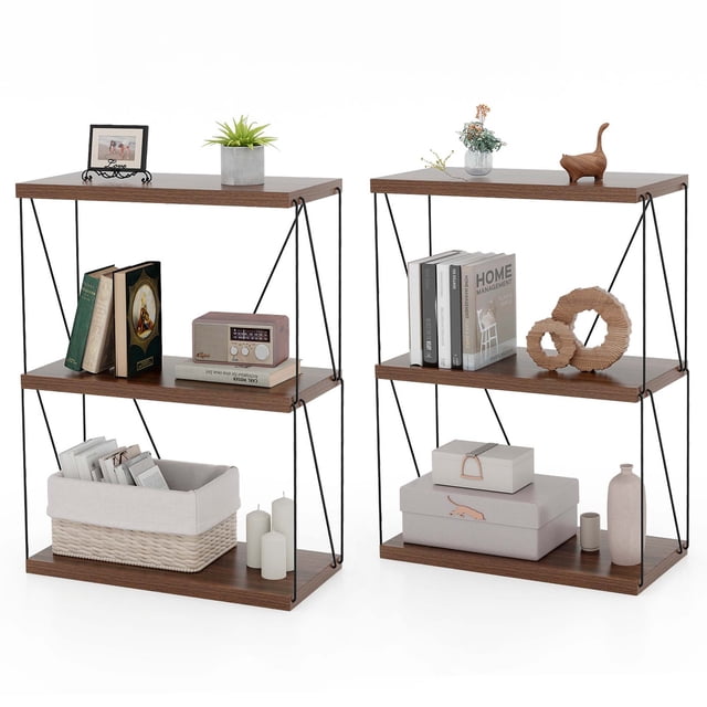 Costway 2 PCS 3-Tier Multipurpose Display Rack Storage Shelving Unit with Metal Frame Walnut