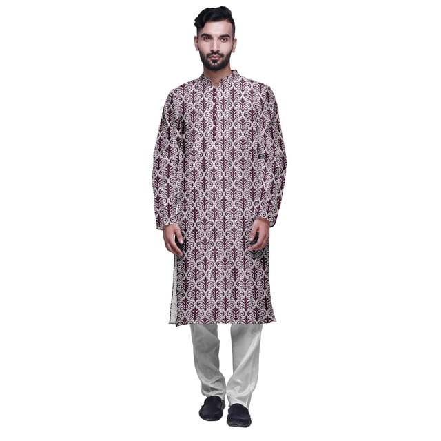 Atasi Printed Long Kurta For Men With White Churidar Pyjama Set Traditional Wear