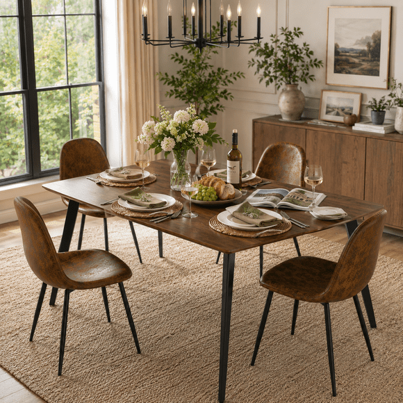 Homy Casa 4-Piece Dining Chairs Set, Brown Faux Leather Kitchen Chairs with Black Metal Legs