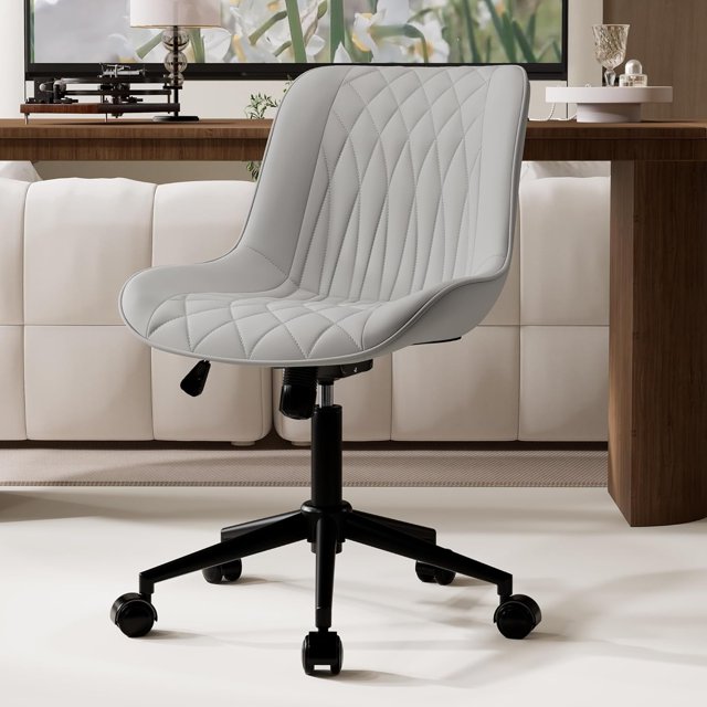 Home Office Desk Chair with Wheels Modern Ergonomic Wide Task Chair with Adjustable Back Swivel Rolling Vanity Chair Faux Leather Comfortable Armless Computer Task Chair Study Olive