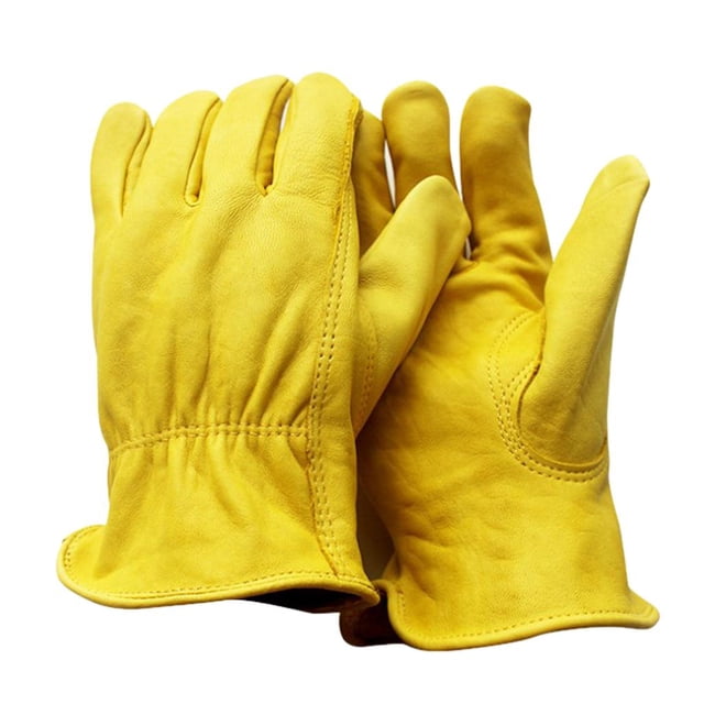 Industrial Gloves Driver Work Gloves Construction Gloves made from soft and lightweight leather, shown in a vibrant yellow color. These gloves feature an elastic wrist for a secure fit and easy on-and-off flexibility. Designed with seams set away from the palm for enhanced durability and flexibility, they are breathable and suitable for both summer and winter use. Ideal for activities such as motorcycle driving, gardening, construction, garage work, welding, and grinding. Available in multiple sizes, including M, L, and XL.