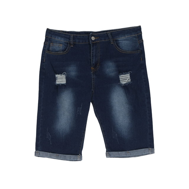 EOYWHK Mens 100% Denim Shorts Ripped Jean Shorts Stretch Elastic Waist Relaxed Fit Button Zipper Shorts with Pockets