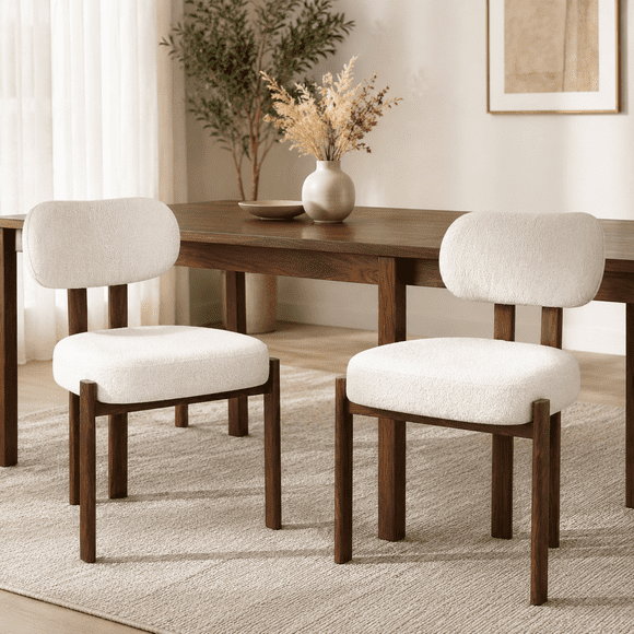 Aykah Mirae Boucle Dining Chairs Set of 2, Modern Fabric Upholstered Kitchen Side Chairs, Farmhouse Dining Room Chair with Metal Legs (Rich Walnut)