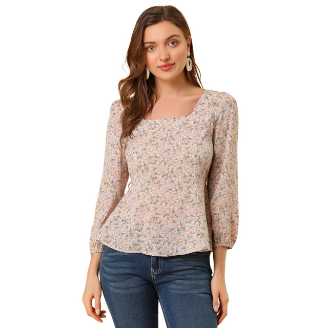 Unique Bargains Blouse à Manches Longues à Encolure Carrée à Fleurs pour Femmes