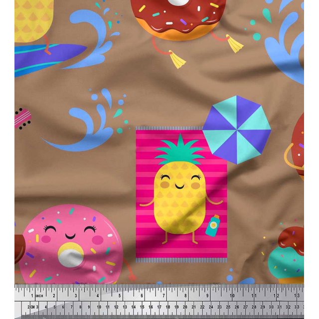 Soimoi Brown Cotton Voile Fabric Beech & Fun Party Print Sewing Fabric Yard 42 Inch Wide