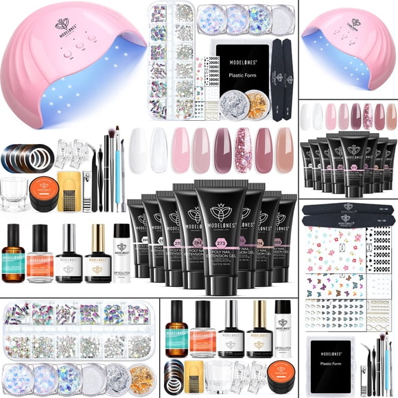 Modelones Poly Nail Gel Kit 8 Rosy Pink Colors with 48W LED Nail Lamp Poly Extension Gel Complete Nail Art Tools Professional Starter Manicure Kit Su