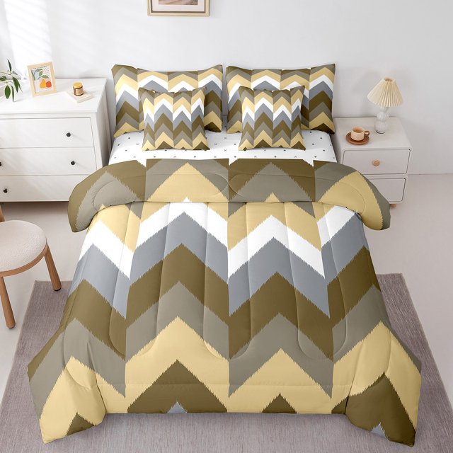 Erosebridal Abstract Stripes Bedding Sets Full Size, Brown Comforter Sets with Sheets, Futuristic Minimalism Decor, Reversible