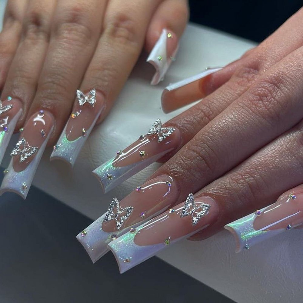 HLONK 24Pcs Gel Press on Nails Gel French Long Fake Nails Press on Tips With Glue Rhinstone with Butterfly NO.13