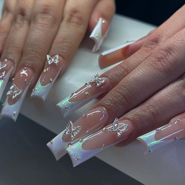 HLONK 24Pcs Gel Press on Nails Gel French Long Fake Nails Press on Tips With Glue Rhinstone with Butterfly NO.13