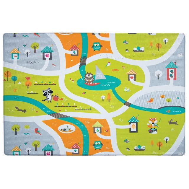 Bbluv - Multi - Tapis de Jeu Réversible (Miles) Est un Tapis de Jeu pour Bébé Lumineux, Rembourré et Résistant à l'Eau avec un Motif de Forêt Coloré avec Ratons Laveurs, Hiboux, Renards, Oiseaux, Petites Maisons, Arbres et Rivières Bleues Sinueuses, Idéal pour le Jeu Sécuritaire des Nourrissons et le Développement de la Mobilité.