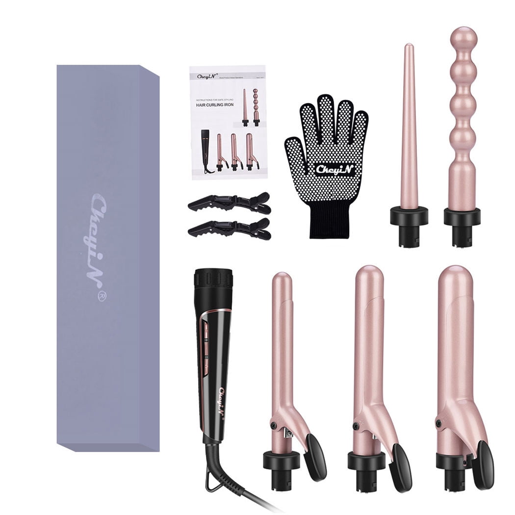 CkeyiN 5 in 1 Hair Curler Curling Iron Wand Set with Interchangeable Barrels Curling Hair Wand LCD 30-speed Temperature Adjustment Curling Iron Tourmaline Ceramic Hair Iron + Heat Resistant Glove