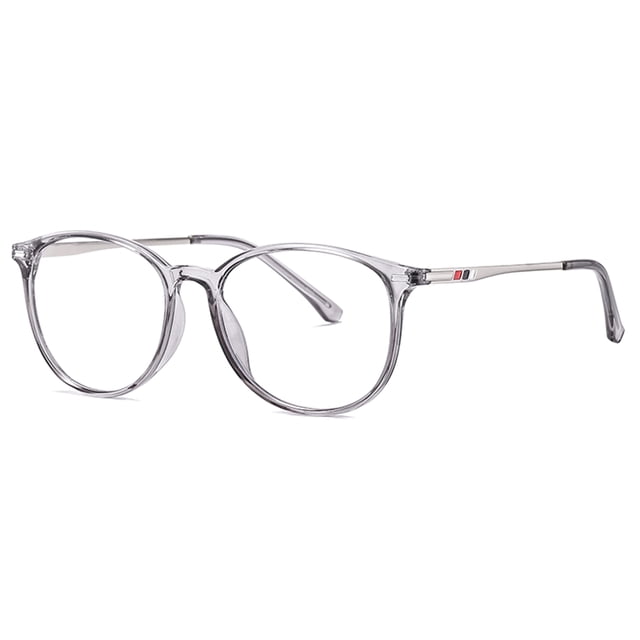 Fashion Anti-blue Light Glasses with a literary style, featuring a transparent grey metal frame and PC lenses. Designed for men and women, these glasses offer anti-blue light protection, flexible hinges, and comfortable one-piece anti-slip nose pads. Frame dimensions include a width of 54mm, height of 47mm, and temple length of 145mm. Lightweight at 22.4g, suitable for extended wear.