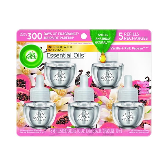 Air Wick Huile Parfumée à Brancher, 5 Recharges, Vanille & Papaye Rose